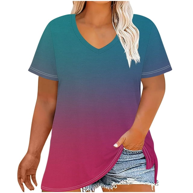 Shorts Courts pour Femmes à Col en V, Manches Courtes, T-Shirt de Base Imprimé pour Femmes, Haut Décontracté Grande Taille Imitation Support