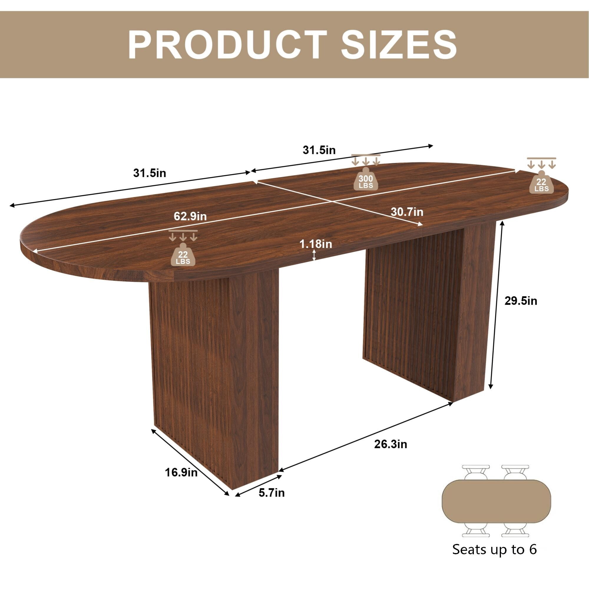 AENKYO 63" Oval Dining Table for 4-6, Modern Farmhouse Kitchen Table with Fluted Pedestal Base, Walnut