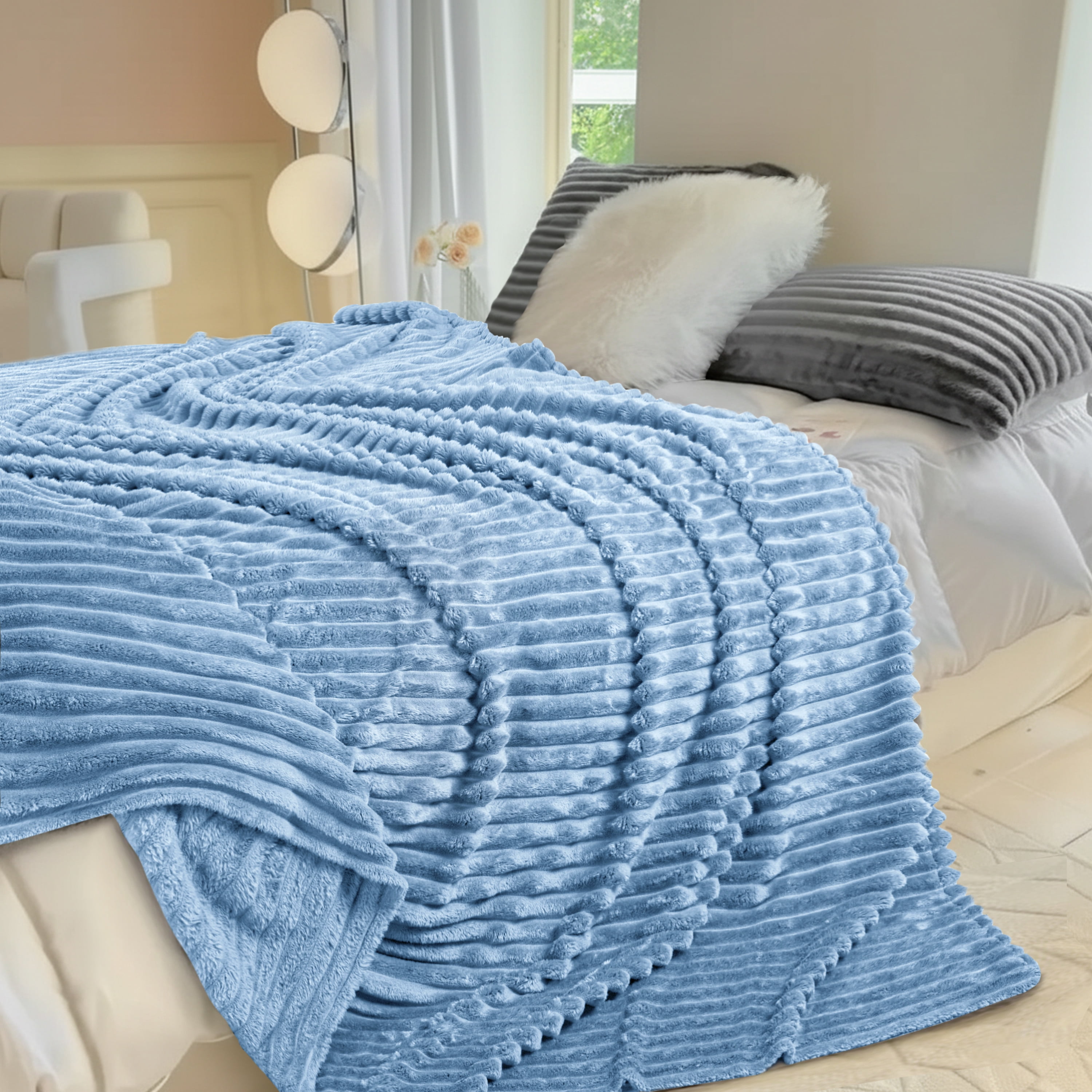 Fleece Blanket Queen Size 90" x 100" - 400GSM Oversized Soft Throw Blanket, Lightweight with Stripes Design Winter Blanket for Bed Sofa Couch