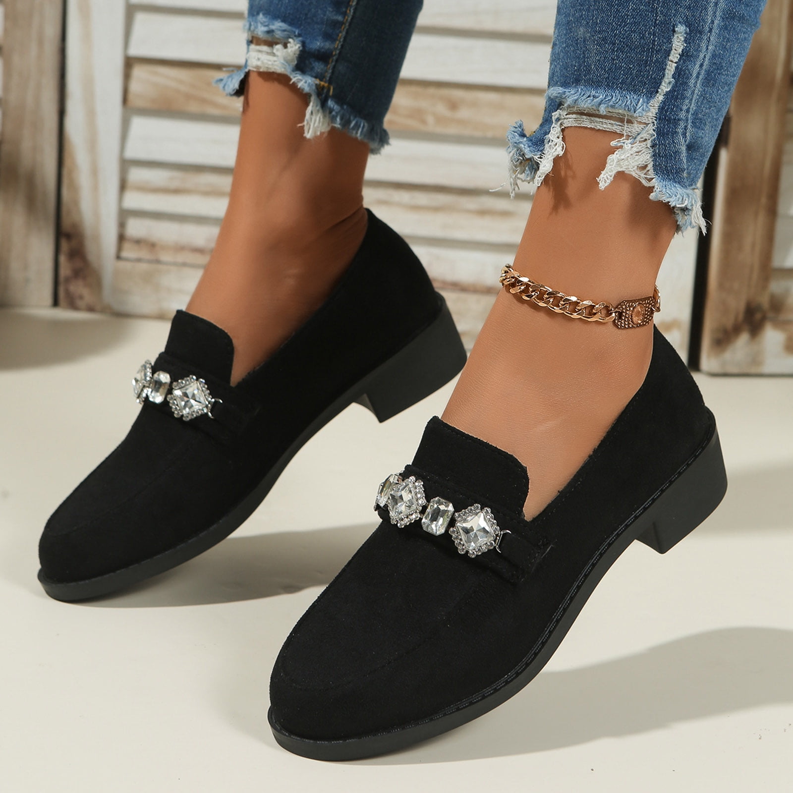 Suede Loafers for Women Comfortable Slip On Glitter Rhinestone Dress Shoes Block Low Heel Non Slip Fall Shoes Black Size 9