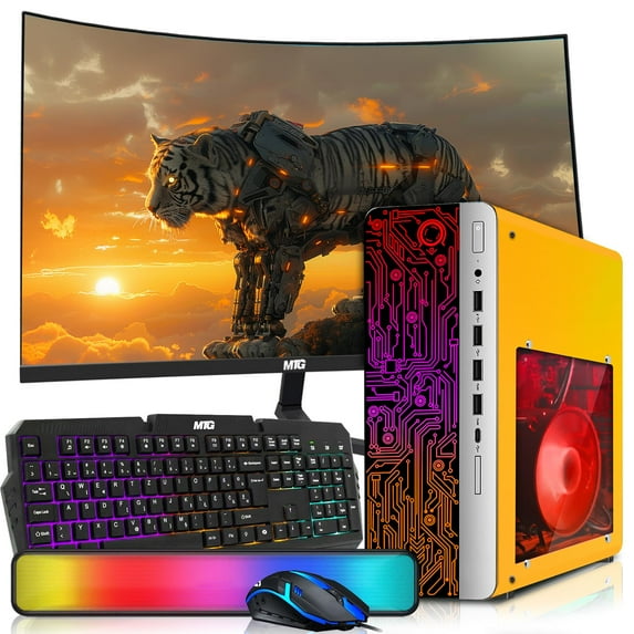 Restored HP Desktop Computer PC Lambo AMD A10-9700, 16GB RAM, 1TB SSD, 32 Inch Curved Monitor, RGB KBM with AI Copilot, WiFi, RGB Soundbar, Windows 11 (Refurbished)