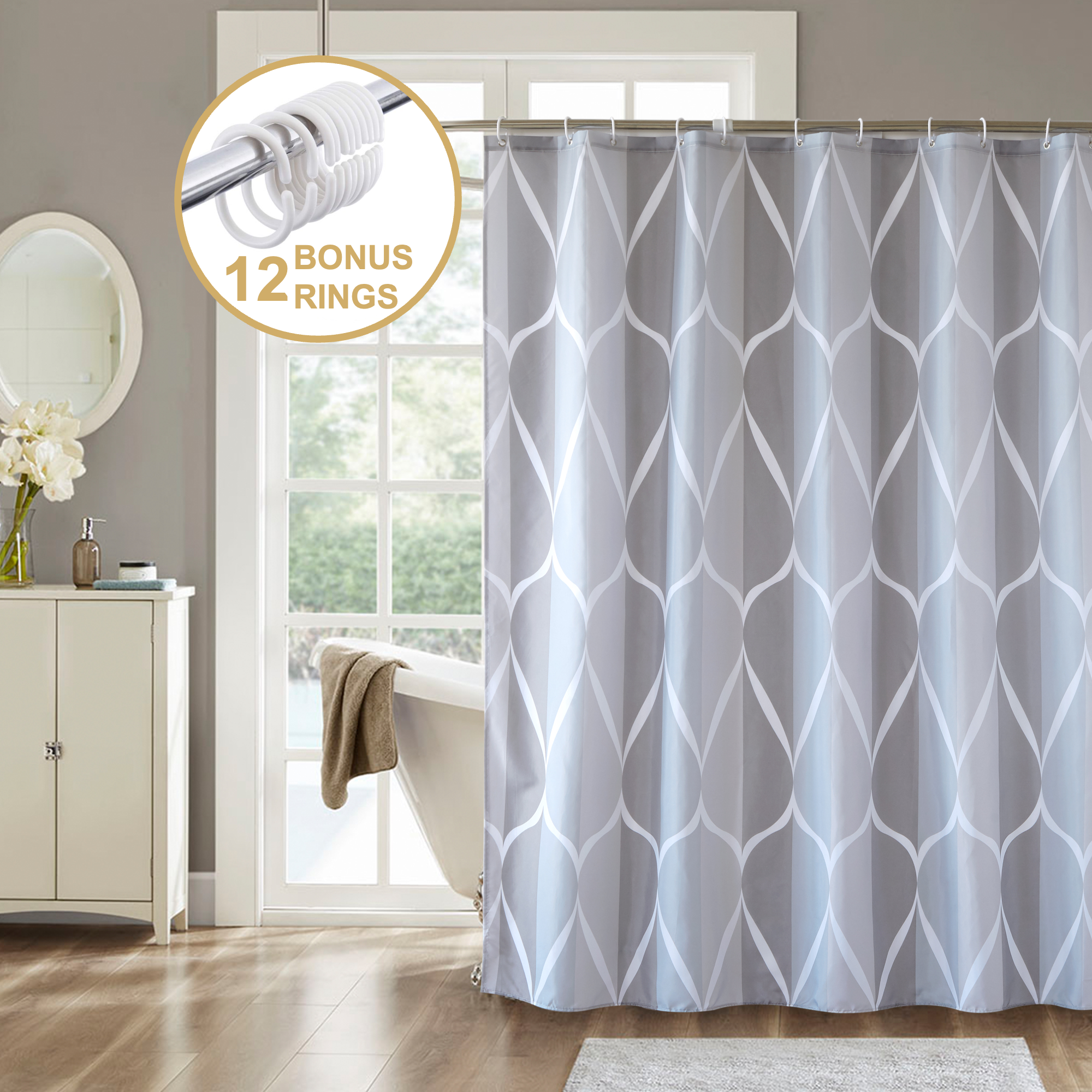 ComfiTime Wavy Shower Curtain with Hooks, 72" x 72", Gray