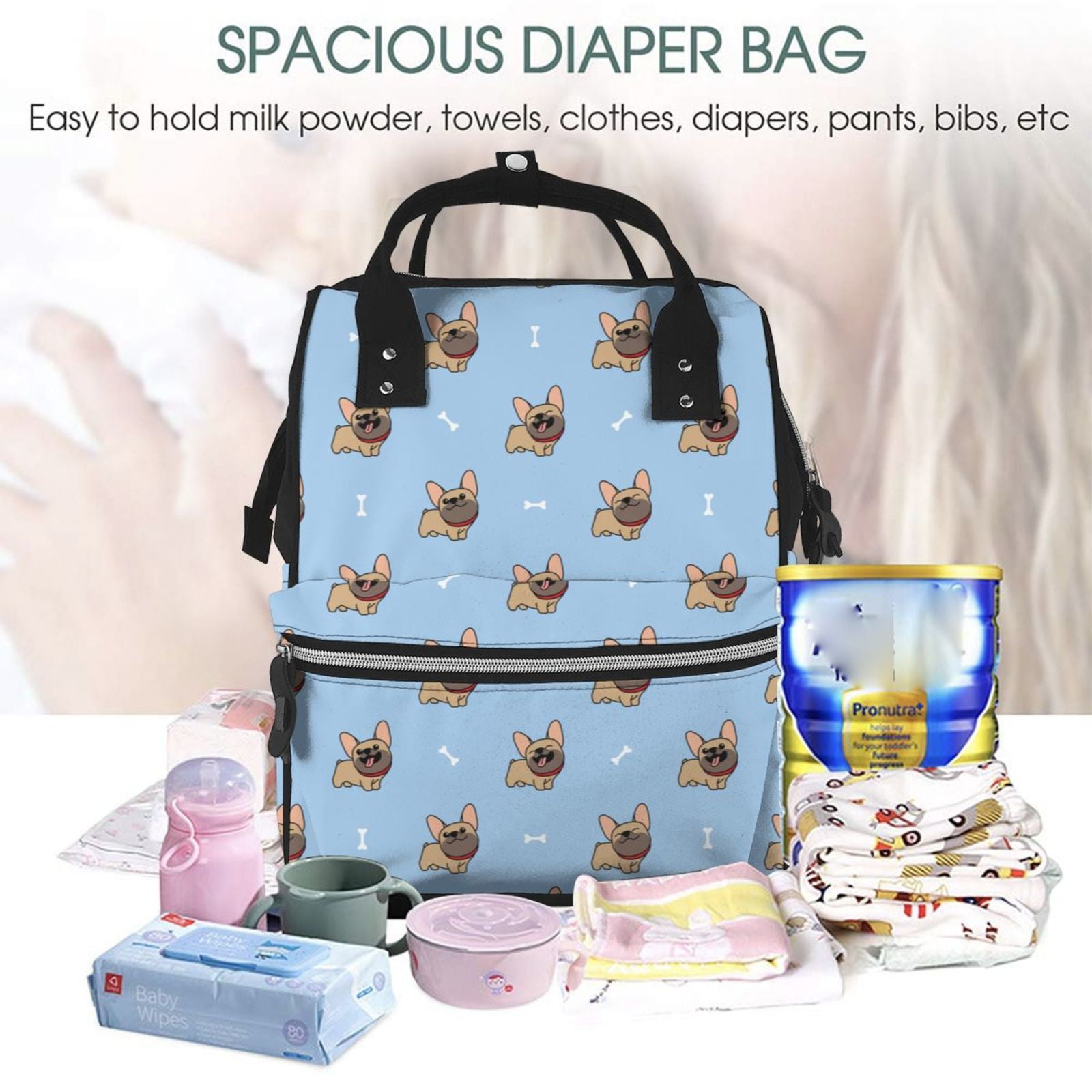 Ratiio Brown French Bulldog Mummy Backpack - Waterproof Twill Canvas, Large Capacity Diaper Bag with Multiple Pockets and Adjustable Straps