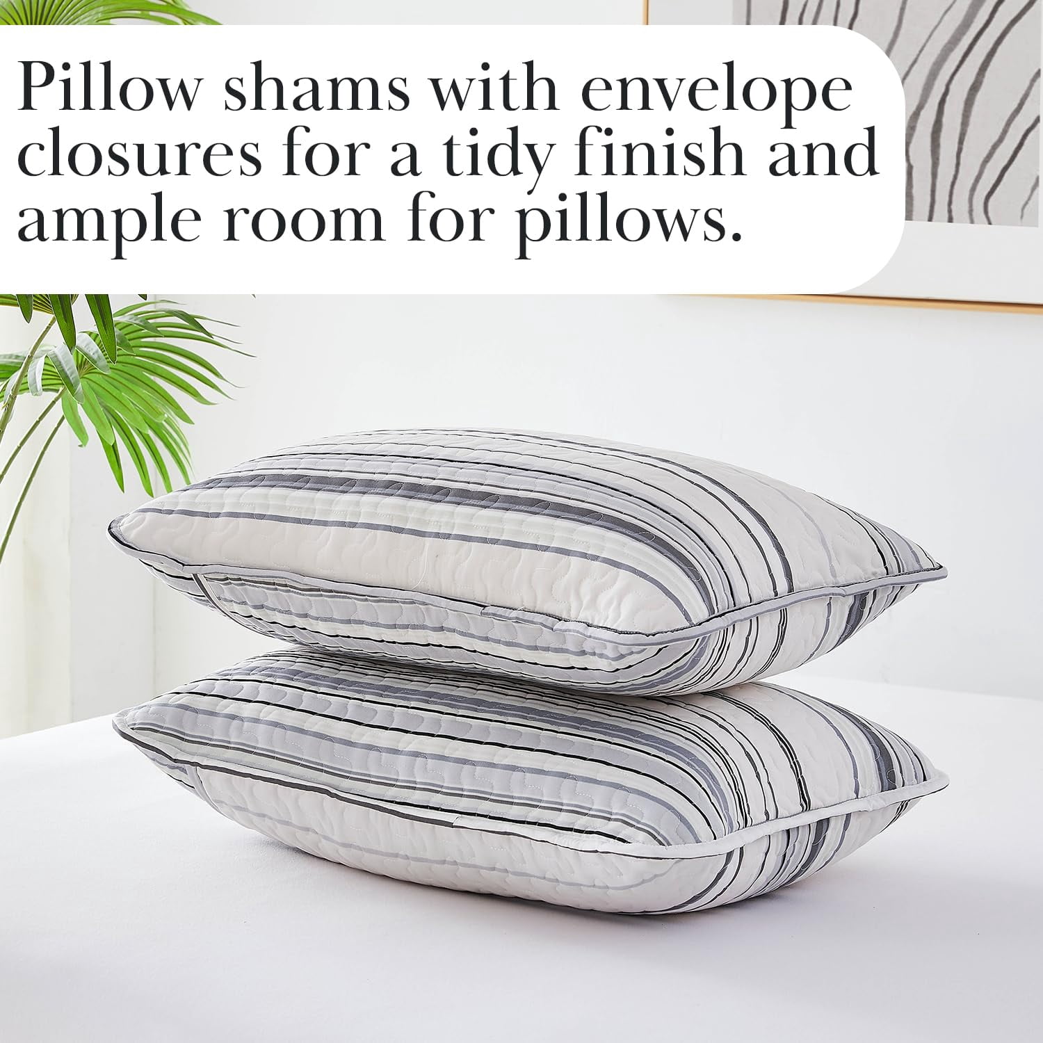 Southshore Fine Living, Inc. Oversized Queen Quilt Set, Striped Grey Quilt Bedspread Queen or Full, 3-Piece Coastal Bedding Set with Quilt and 2 Matching Shams, Soft Microfiber Quilt, Grey Stripes