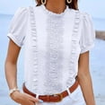 thumbnail image 2 of Women Short Sleeve Top Pleated Ruffle Front Frill Trim Neck Pure Color Stylish Women Shirt Top for Daily Party Dating White XXL, 2 of 6