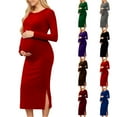 thumbnail image 1 of Pisexur Robes de Maternité pour Femmes Mode Col Rond Fente Latérale Longue Robe Décontractée Couleur Unie Robe à Manches Longues pour les Vacances Confortable Douce Coupe Ajustée Robe de Soirée P-2TG,Noir, 1 of 6