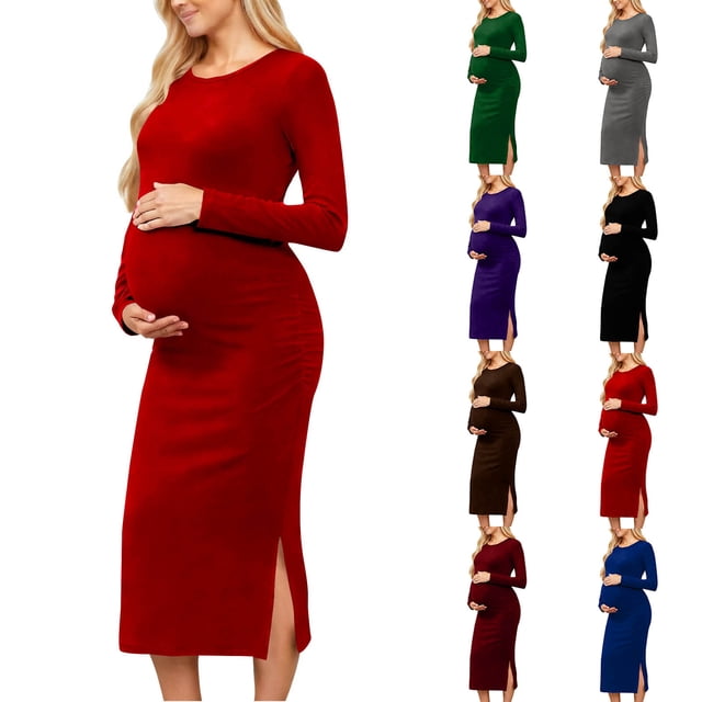 Pisexur Robes de Maternité pour Femmes Mode Col Rond Fente Latérale Longue Robe Décontractée Couleur Unie Robe à Manches Longues pour les Vacances Confortable Douce Coupe Ajustée Robe de Soirée P-2TG,Noir