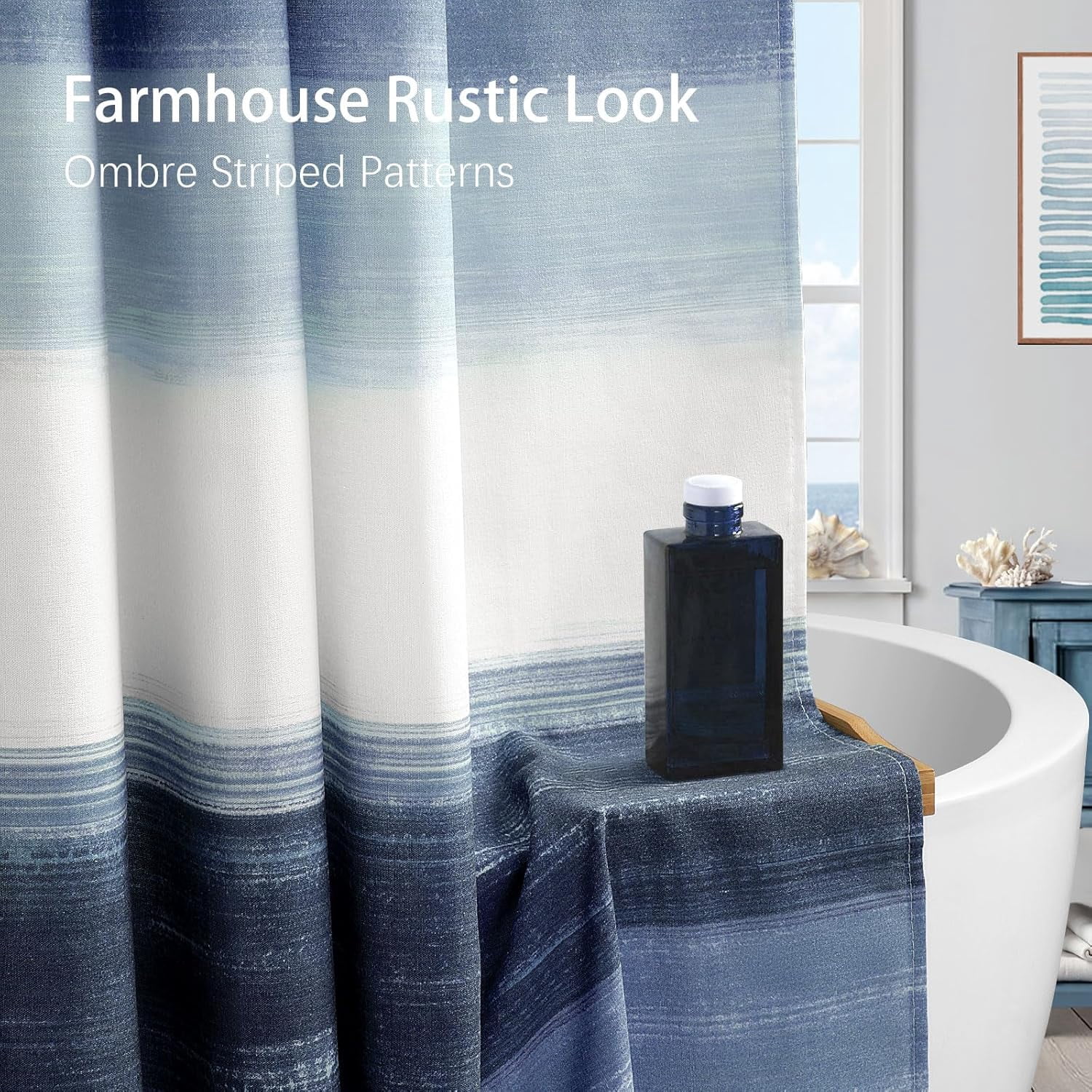 Blue Shower Curtains for Bathroom Navy Blue and White Rustic Cotton Farmhouse Ocean Shower Curtain, 72 x 72 Inches