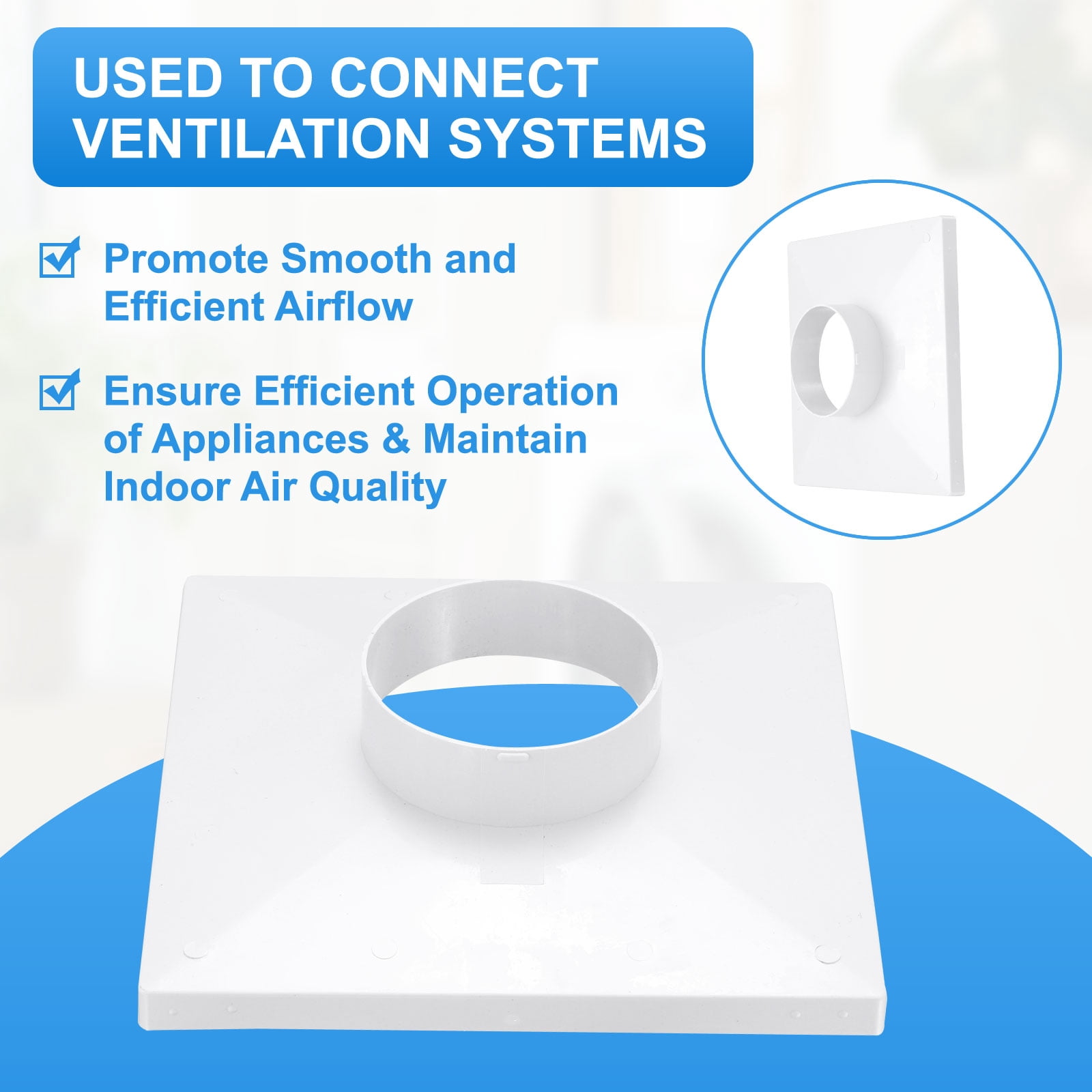 Uxcell 9" to 4" Duct Connector Flange, Plastic Square to Round Straight Dryer Vent Wall Plate for Air Heating Cooling Ventilation System HVAC Exhaust Fan, White