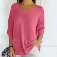thumbnail image 4 of Jewelreauty Elbow Length Knit Tops for Women Casual V Neck Plus Size Tunic Tees Summer Half Sleeve Solid Color Shirts (XL, Hot Pink), 4 of 9