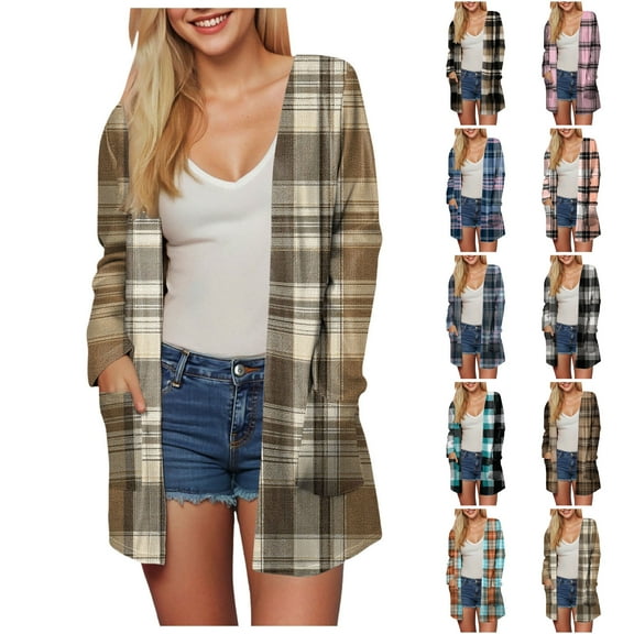 idosla Women's Open Front Long Cardigan Draped Snap Buffalo Plaid Shirt Kimono Cardigan Knit Sweater (Orange, L)