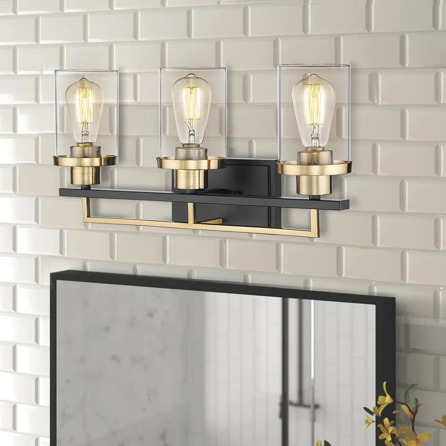 Emliviar 3 Light Bathroom Vanity Light Fixtures, Black and Gold Finish with Clear Glass, YCE238B-3W BK+BG