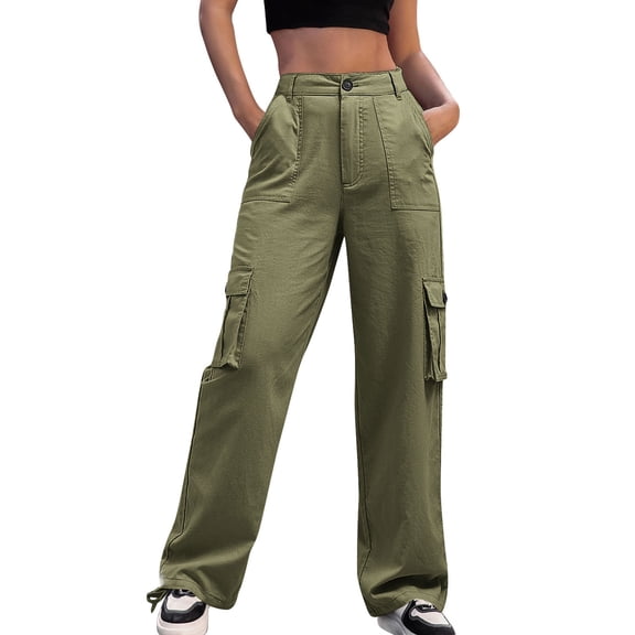 FAIWAD Womens Cargo Pants High Waist Wide Leg Casual Pants with Pockets Solid Color Outdoor Trendy Streetwear