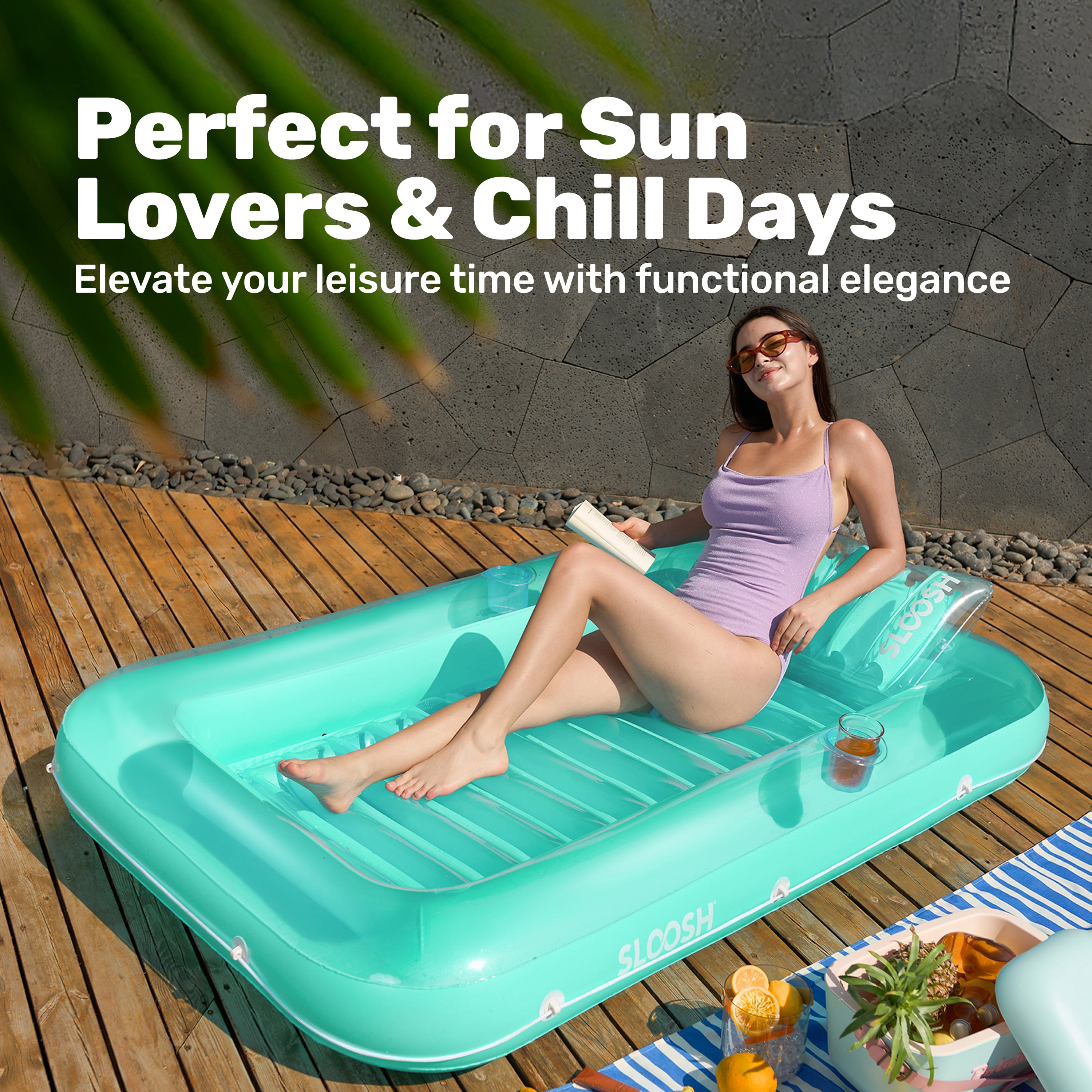 SLOOSH Inflatable Tanning Pool Lounger Float for Adults, 70" x 46" Large Suntan Tub Pool Floats Sun Tan Tub Ice Bath Tub Tanning Bed Blow up Pool Raft Lounge Floatie,L-Cyan