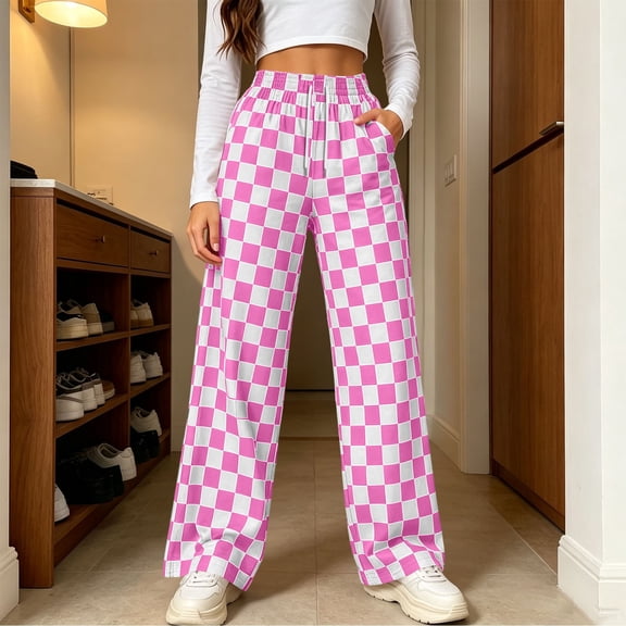 MMJ Plus Size Wide Leg Pants for Women Flowy Casual Loose Plaid High Waist Stretch Full Length Trousers with Pockets Fall Winter