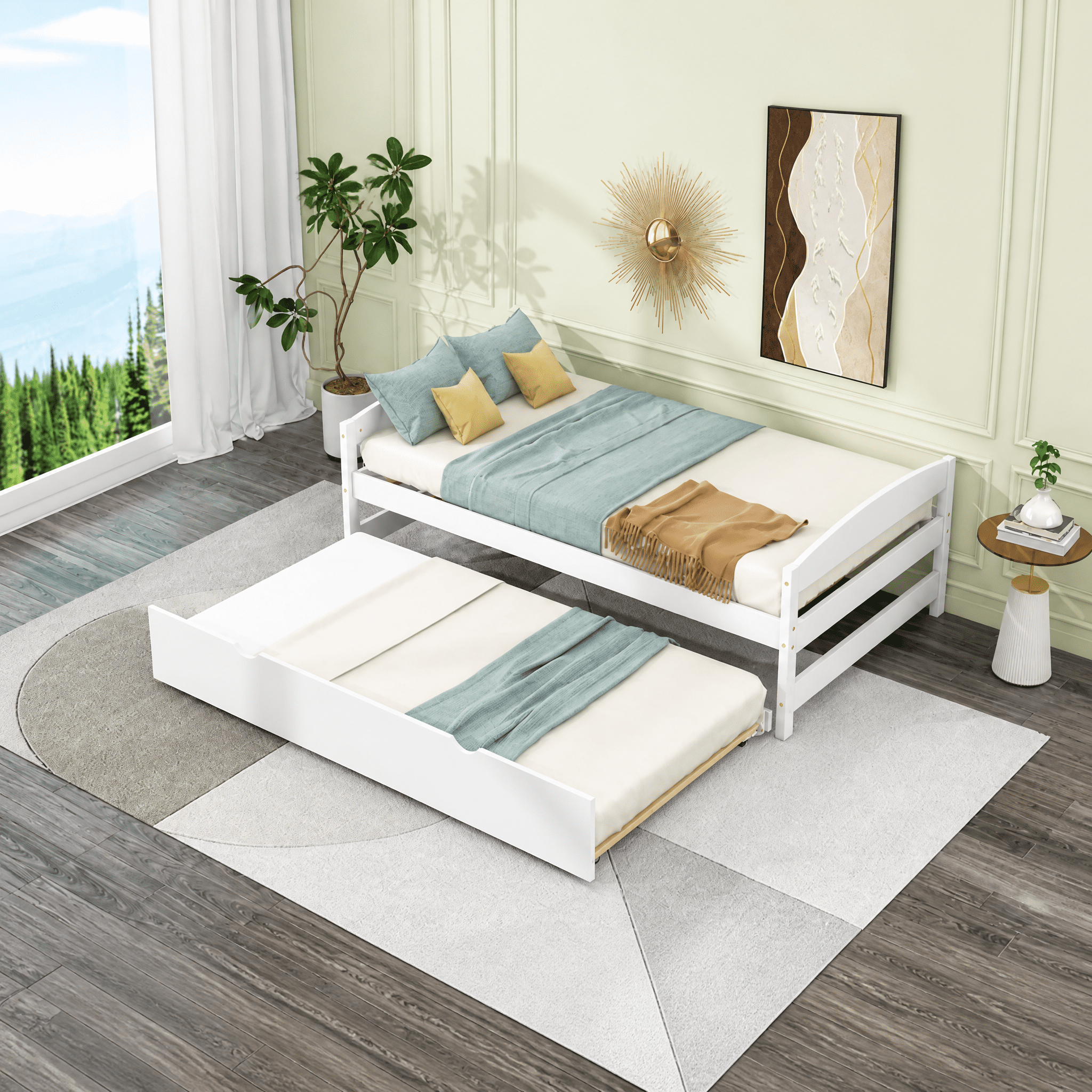 Twin Platform Bed Frame with Twin Pull Out Trundle, Pine Wood & MDF Bed with Headboard Footboard, Wood Slat Support, No Box Spring Needed for Small Bedroom Guest Room