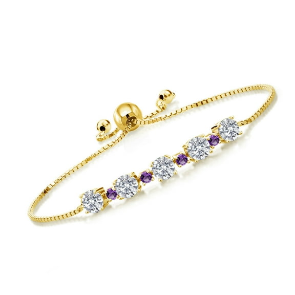 Gem Stone King 18K Yellow Gold Plated Silver Lab Grown Diamond and Purple Amethyst Bracelet for Women | 2.74 Cttw | Gemstone April Birthstone | Round 5MM