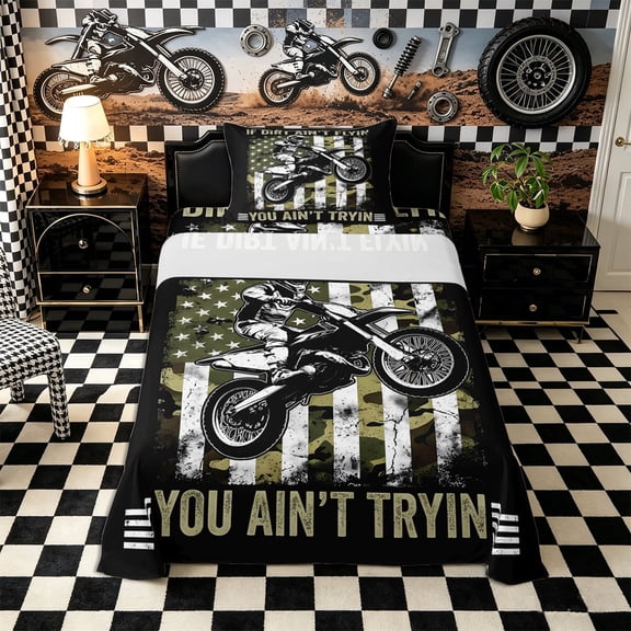 Meiyoeat Vintage Dirt Bike Pattern Twin Sheets 3pcs for Men, American Flag Print Bedding, Camo Black Beige