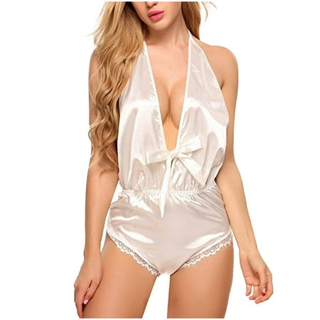 

Gaiseeis Silk Pajamas Sexy Satin Underwear Jumpsuit Bodysuit Teddy Lingerie Sleepwear White M