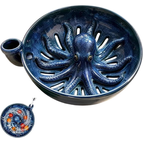 Octopus Berry Colander Ceramic 3D Indigo Blue Produce Washing Bowl with Drainage and Handle 8 Inch 1 Pack