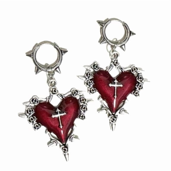 Goth Jewelry Thorns Heart Cross Earrings Drip Oil Rose Flower Earrings For Women Punk Charms Accessories