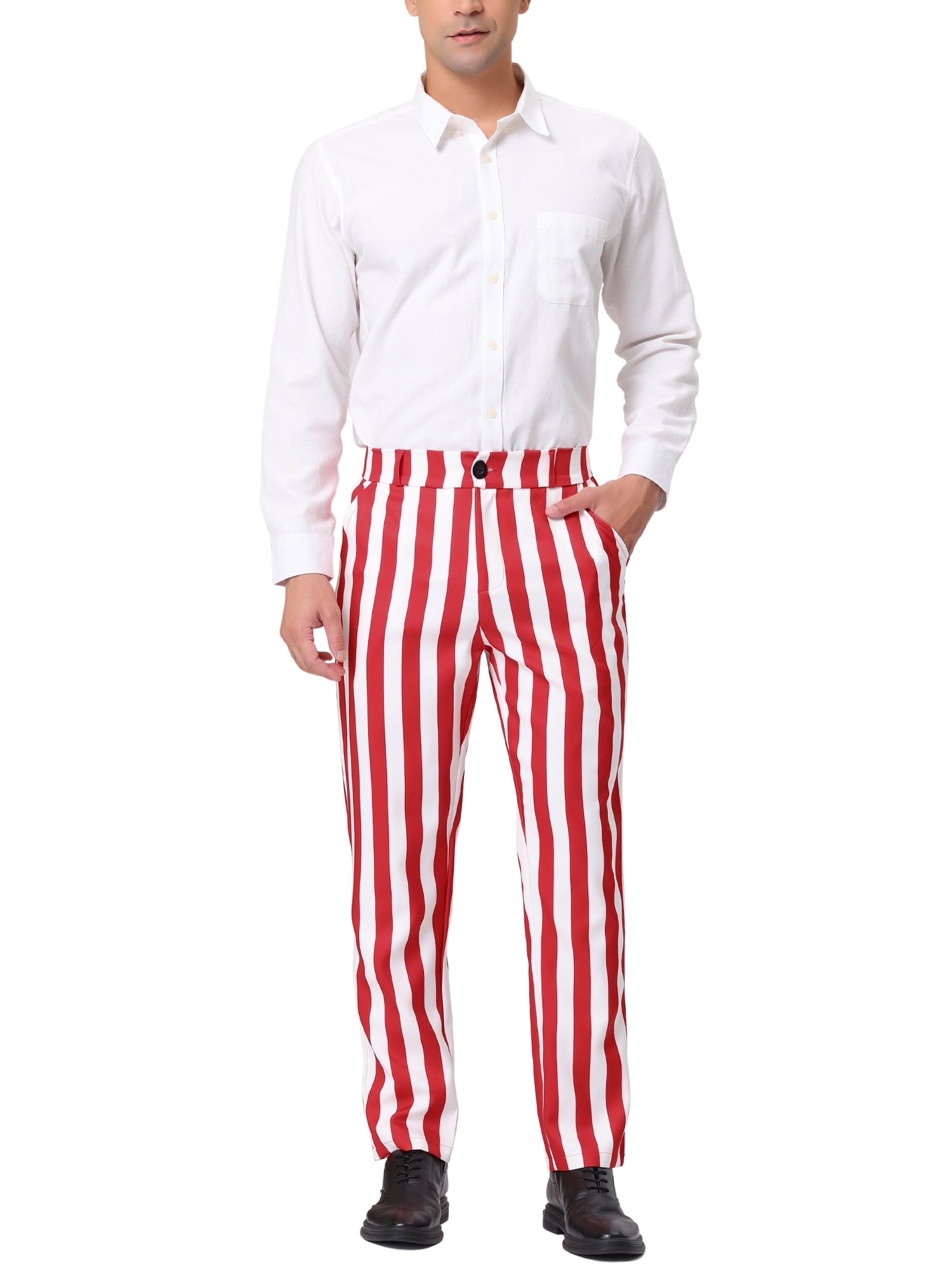 Unique Bargains Men's Striped Pant Classic Fit Flat Front Business Trousers 32 Red White
