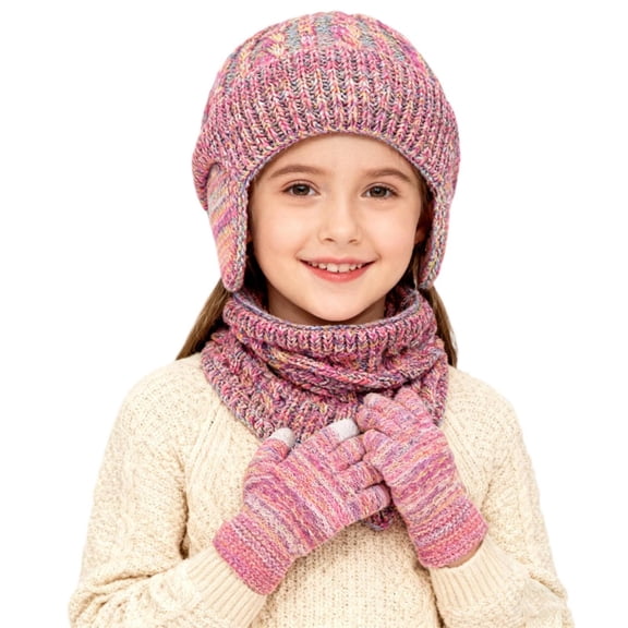 Lilgiuy Kids Winter Hat Scarf Gloves Set, Warm Fleece Beanie Hat with Ear Warmer Touch Screen Mittens Scarf Set Christmas Birthday New Year Gifts for Kids, 2-18 Years, Watermelon Red