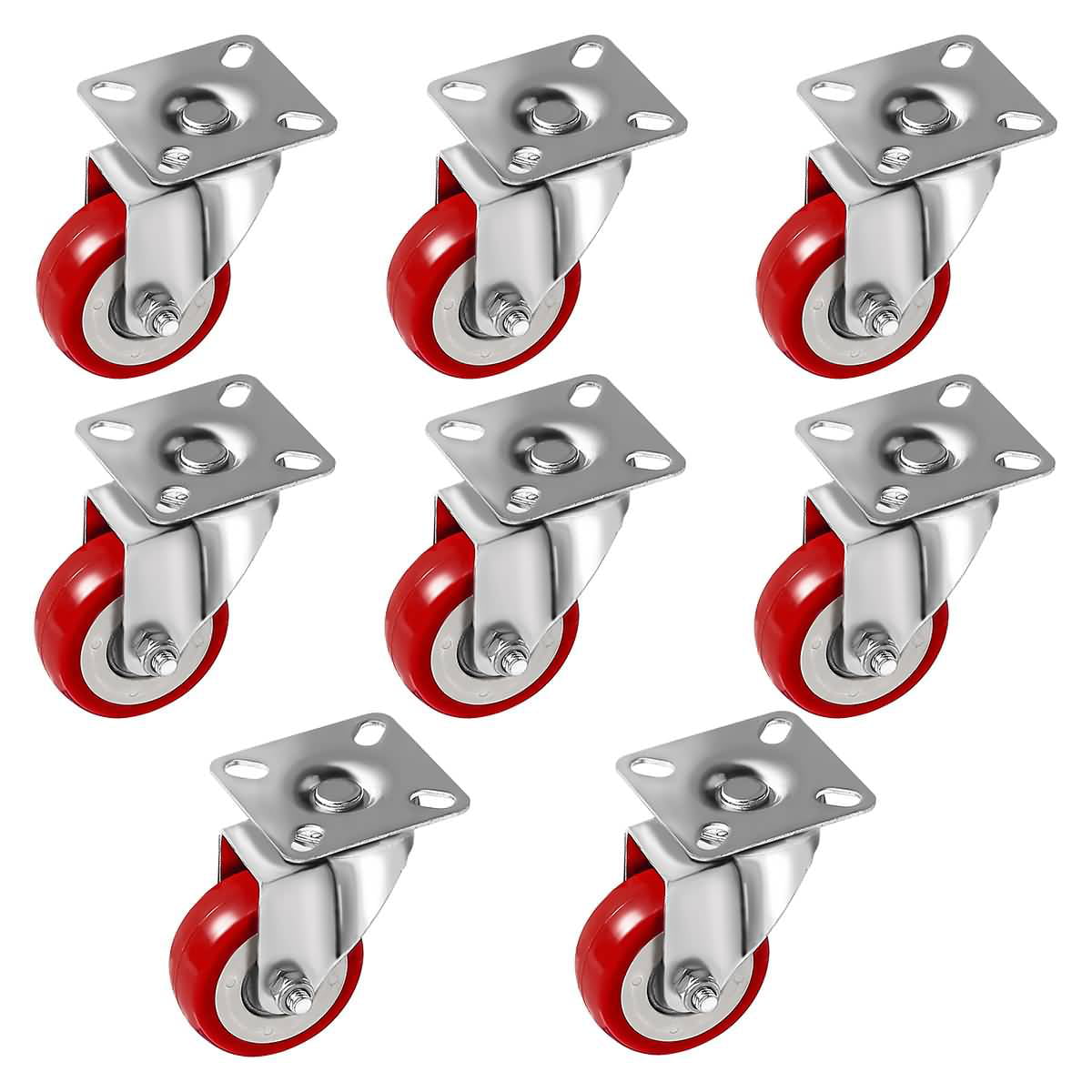 8 Pack Caster 2 Wheels Swivel Plate Casters On Red Polyurethane Wheels 