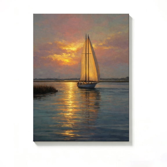 FLASHLUMI 8x12 Inch Serene Sailboat at Golden Hour Oil Painting Canvas Wall Art, Coastal Nautical Decor for Living Room Bedroom, No Frame