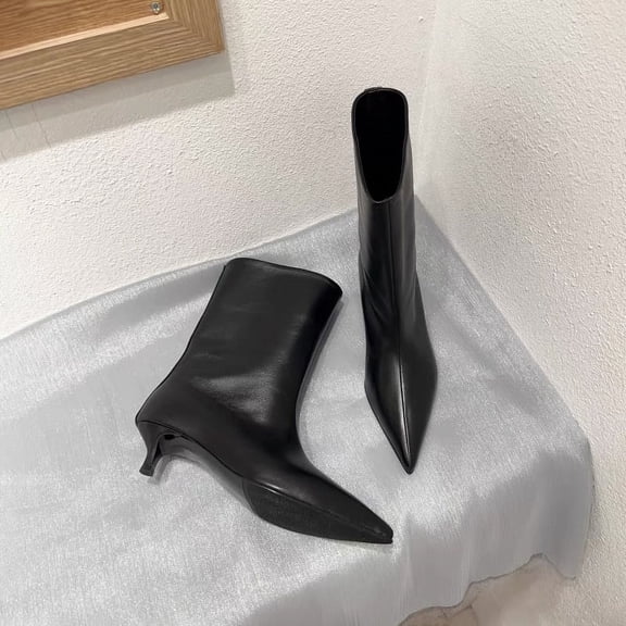 Elongated Square-Toe Kitten-Heel Calf Boots (5.5, Black)