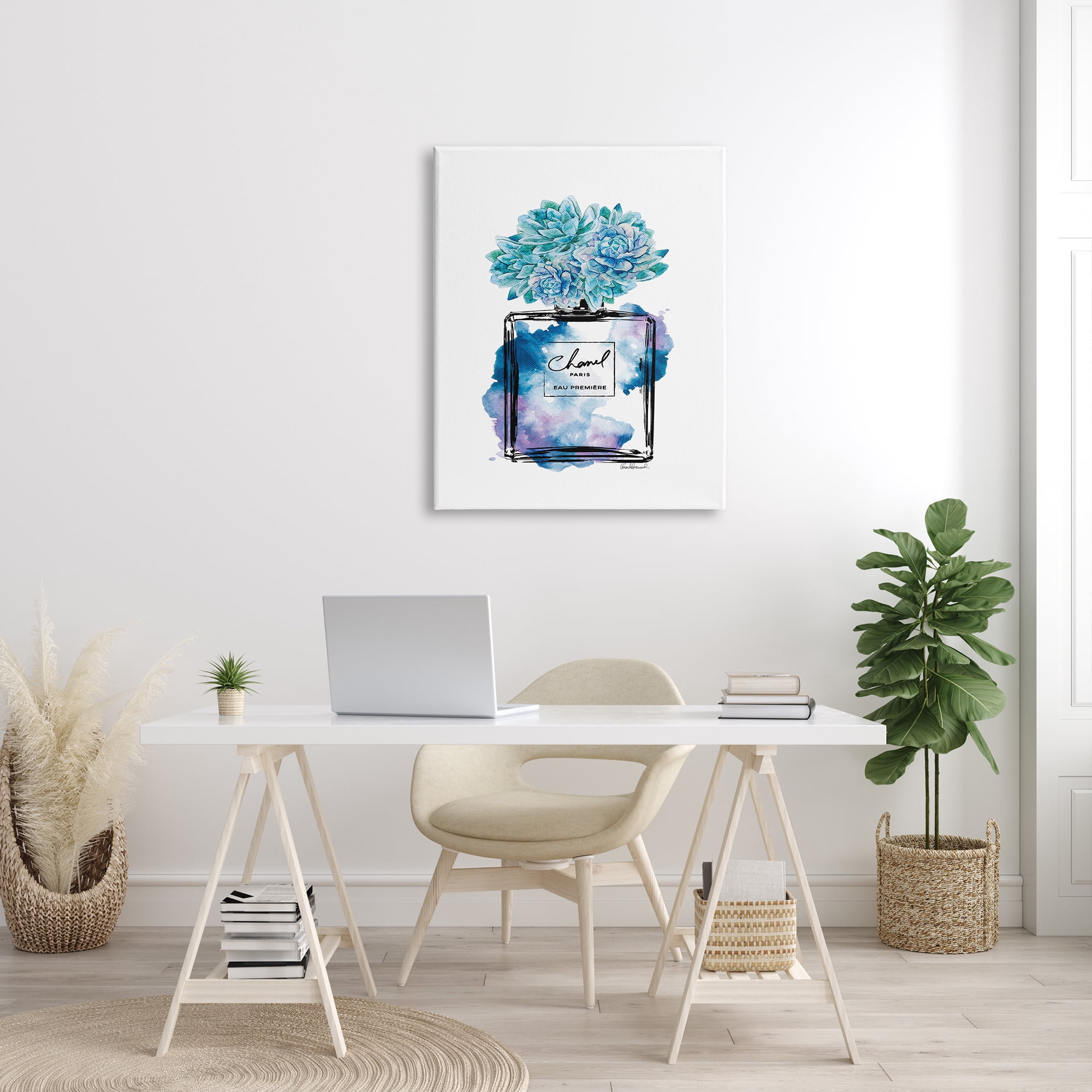 The Stupell Home Decor Watercolor Fashion Perfume Bottle with Blue Flowers Canvas Wall Art