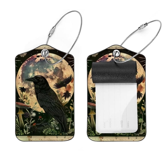 PhooArto 2 Pack Leather Luggage Tag with Stainless Steel Loop, Sun Moon Crow Mushroom Baggage Handbag Travel Suitcase Tags with Name ID Card Perfect to Quickly Spot Luggage Suitcase