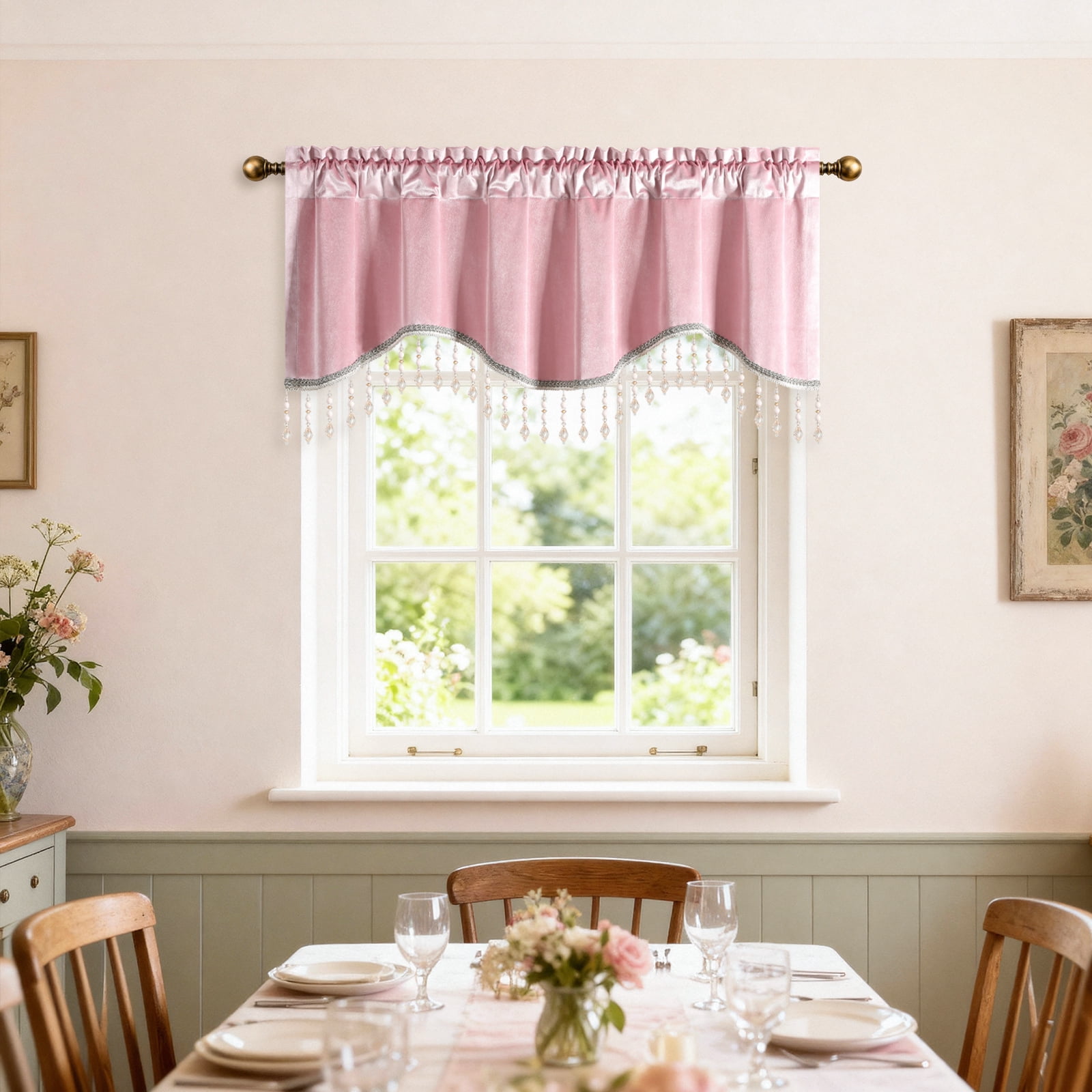 VOGOL Pink Velvet Scalloped Window Valance with Beaded Trim, Elegant Curved Curtain Topper for Bedroom Living Room