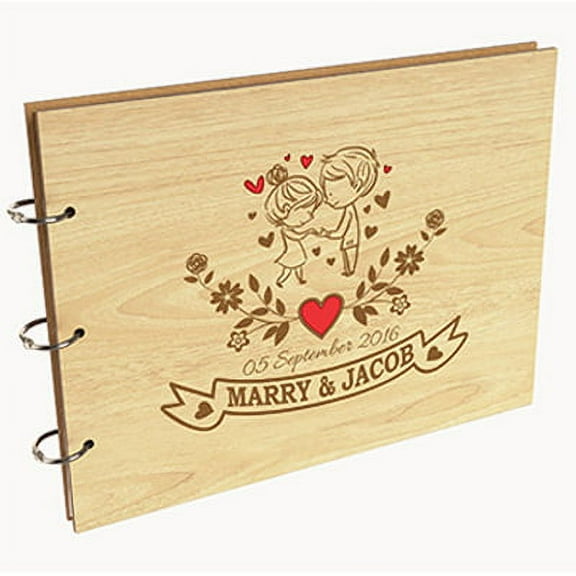 Darling Souvenir Personalized Engraved Laser Cut Wedding Guest Book Wooden Cover Sign-in Book Registry Guestbook Scrapbook-1T