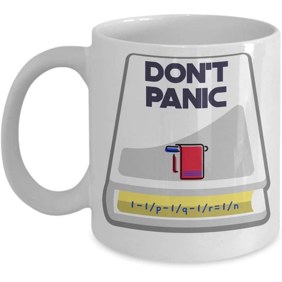 Don't panic Hitchhiker's guide mug- 11 OZ Ceramic White Cup for Tea, Douglas Adams fan, Towel Day, Sarcastic Novelty, Get one for your snarky dad