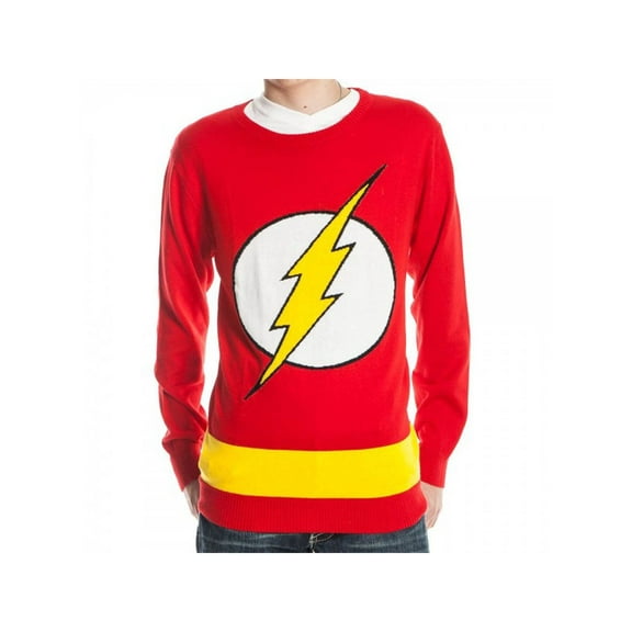 Flash (DC Comics) Mens Knit Sweater - Yellow Bolt in White Circle Logo Image
