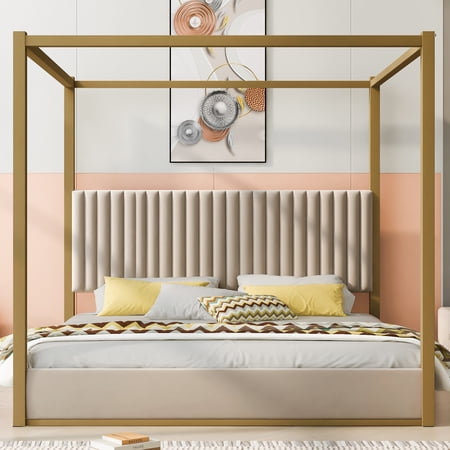 Harper & Bright Designs Metal King Size 4-Poster Bed with Upholstery Headboard, Velvet King Canopy Bed Frame with Slat Support for Bedroom, Beige