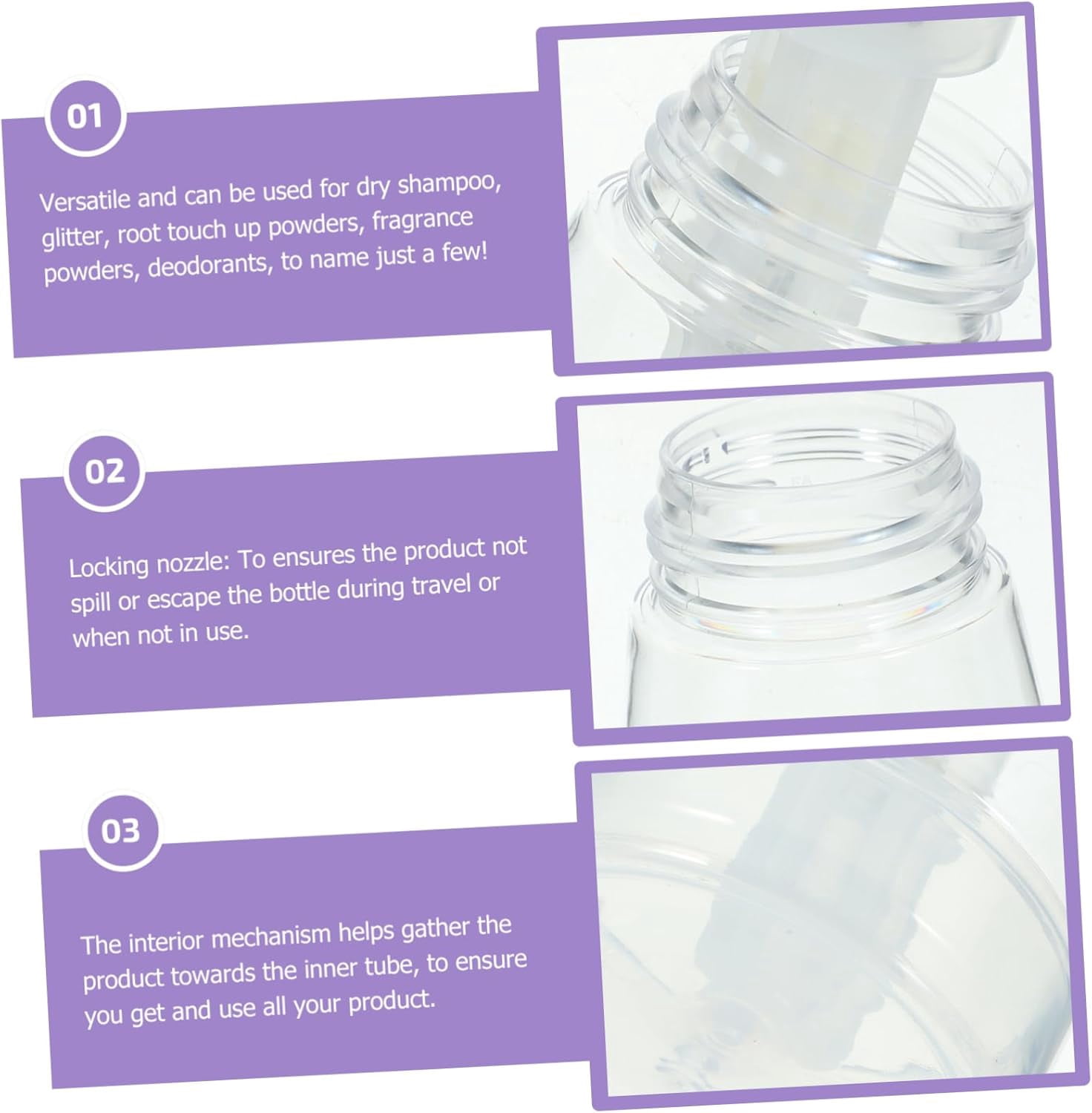 2 Pack Refillable Powder Spray Bottle 5.8 Oz Transparent Plastic Dry Powder Puffer For Hair Styling Travel Makeup Application Dry Shampoo Dispenser