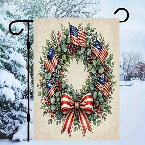 RKSupls Patriotic Linen Double Sided Garden Flag, Independence Day Themed Yard Decor, Patriotic Wreath Flags Berries Ribbon Outdoor Banner for Holiday Lawn