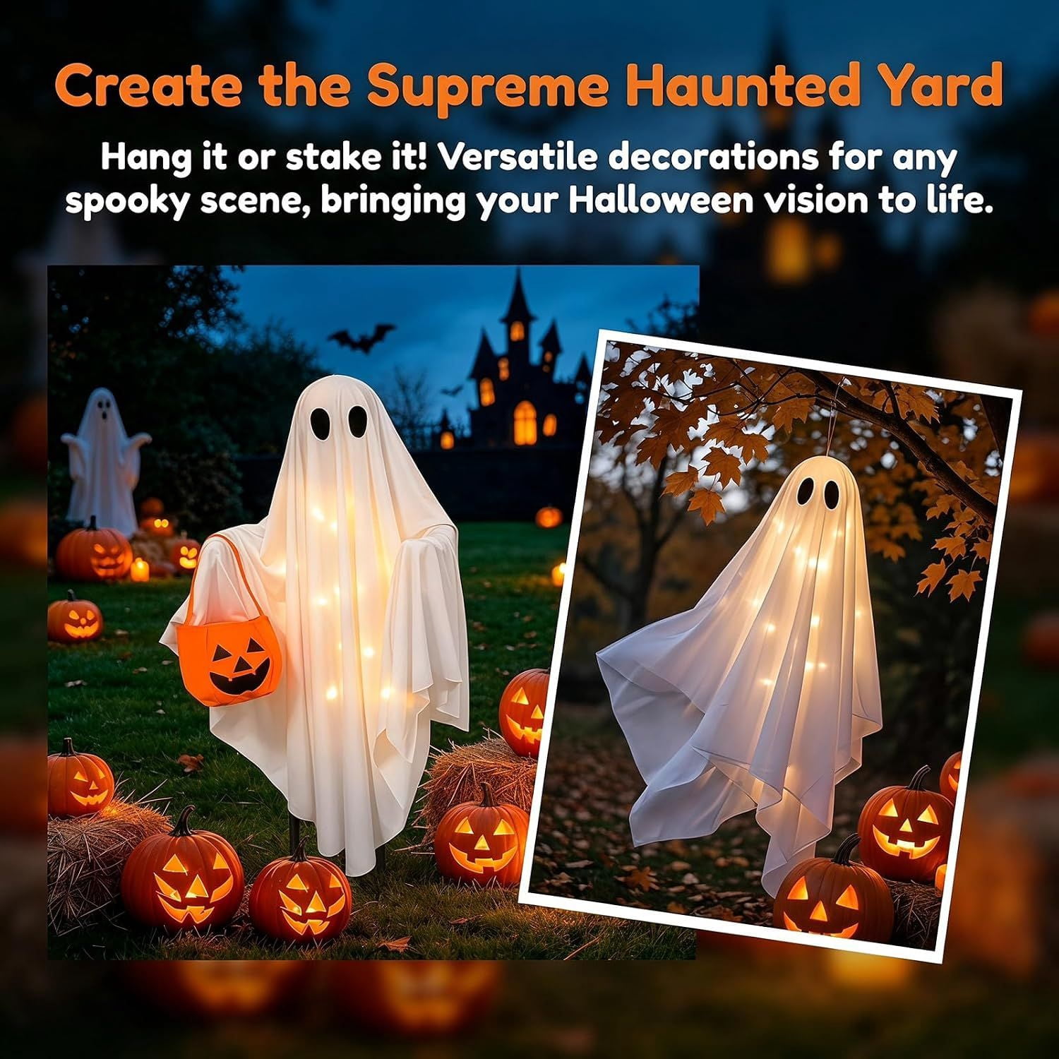 Solar Halloween Ghost Lights, 2 Pack Hanging and Stake Yard Decorations with 30 Warm White LEDs, 14.57 in, Weather Resistant
