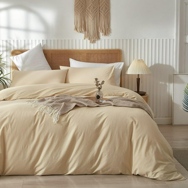 Washed Cotton Duvet Cover Set Linen Feel Natural Wrinkle Lightweight Comfy (King Linen)