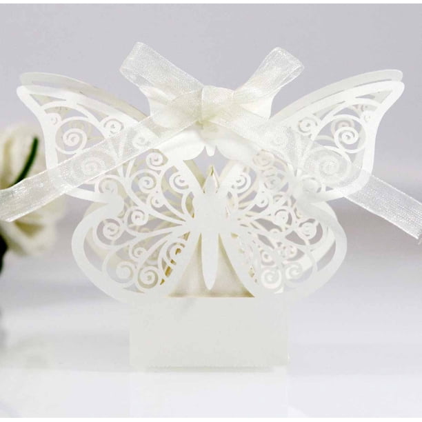 Cajas de papel con forma de mariposa recortadas con láser en color rosa para bombones y bodas, 50 unidades