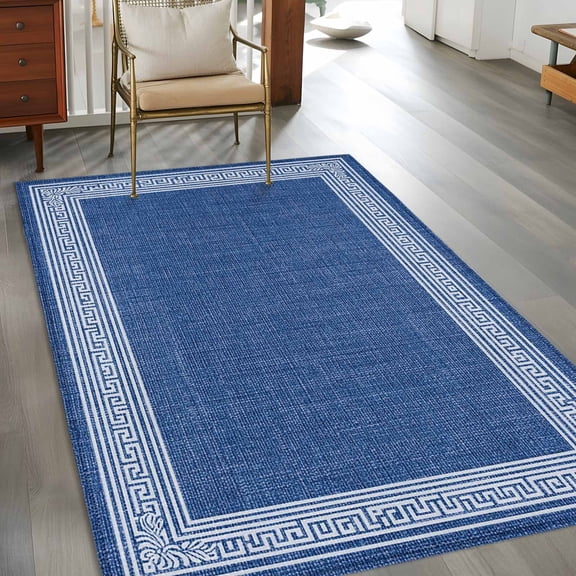 Navy Blue Abstract Art 3x5 Rug for Bedroom Foot of Bed Small Living Room, Vintage Linen Greek Key Geometric Washable Non Slip Rectangle Area Rug