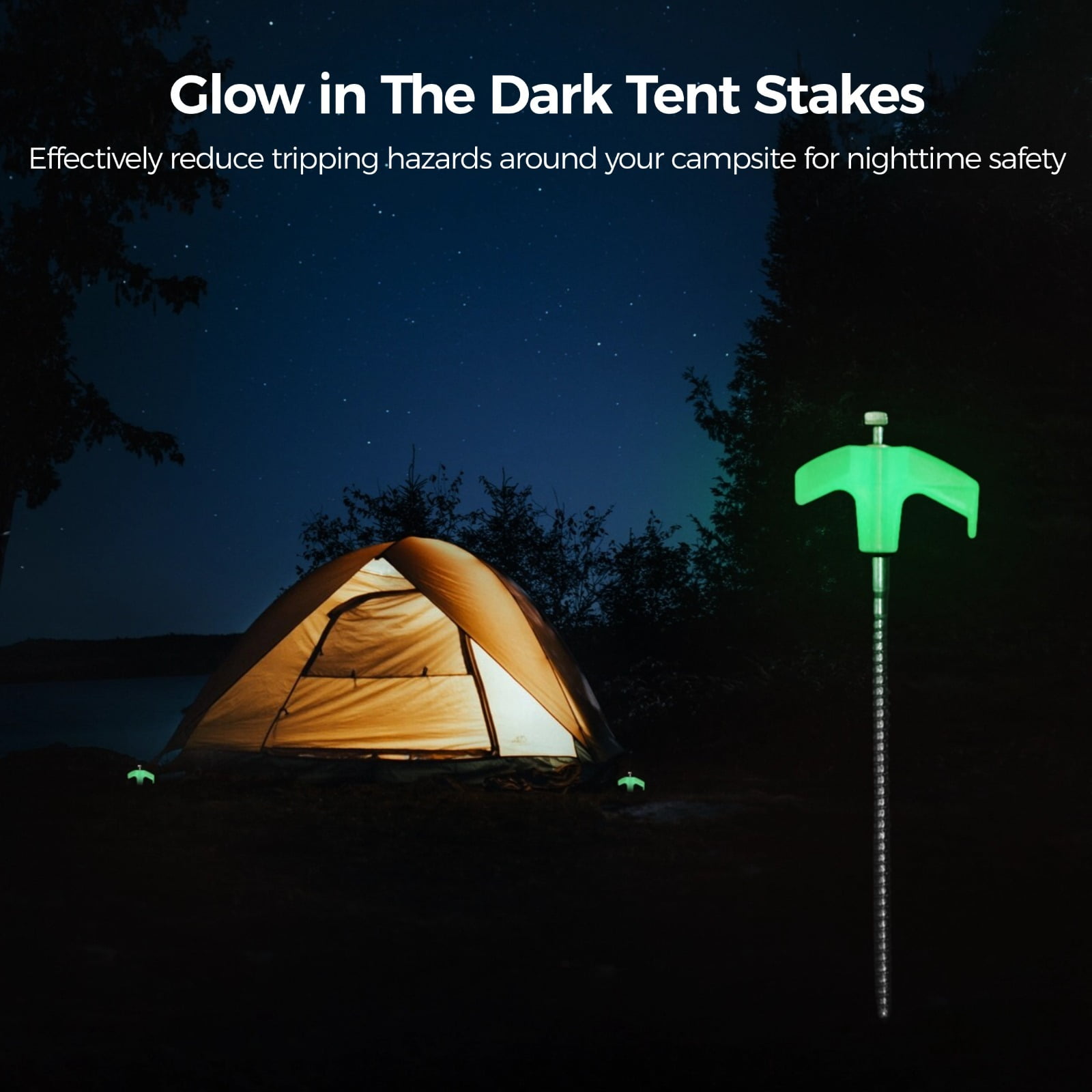 20 Pcs 8" Metal Tent Stakes, Heavy Duty Metal Tent Nails, Glow in The Dark Tent Stakes, Drillable Screw in Ground Spikes with Hexagon Head Drive & Storage Case for Camping