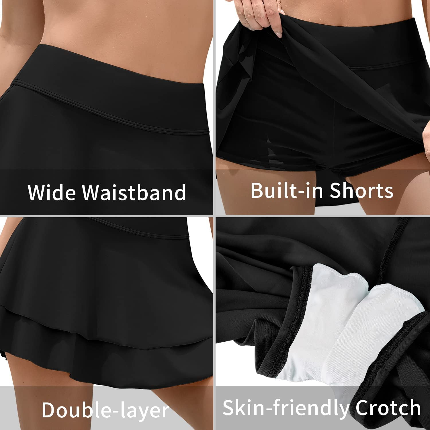 Charmo Womens Swim Skirt Built-in Shorts 2 Layered Ruffled Flowy Swim Bottoms