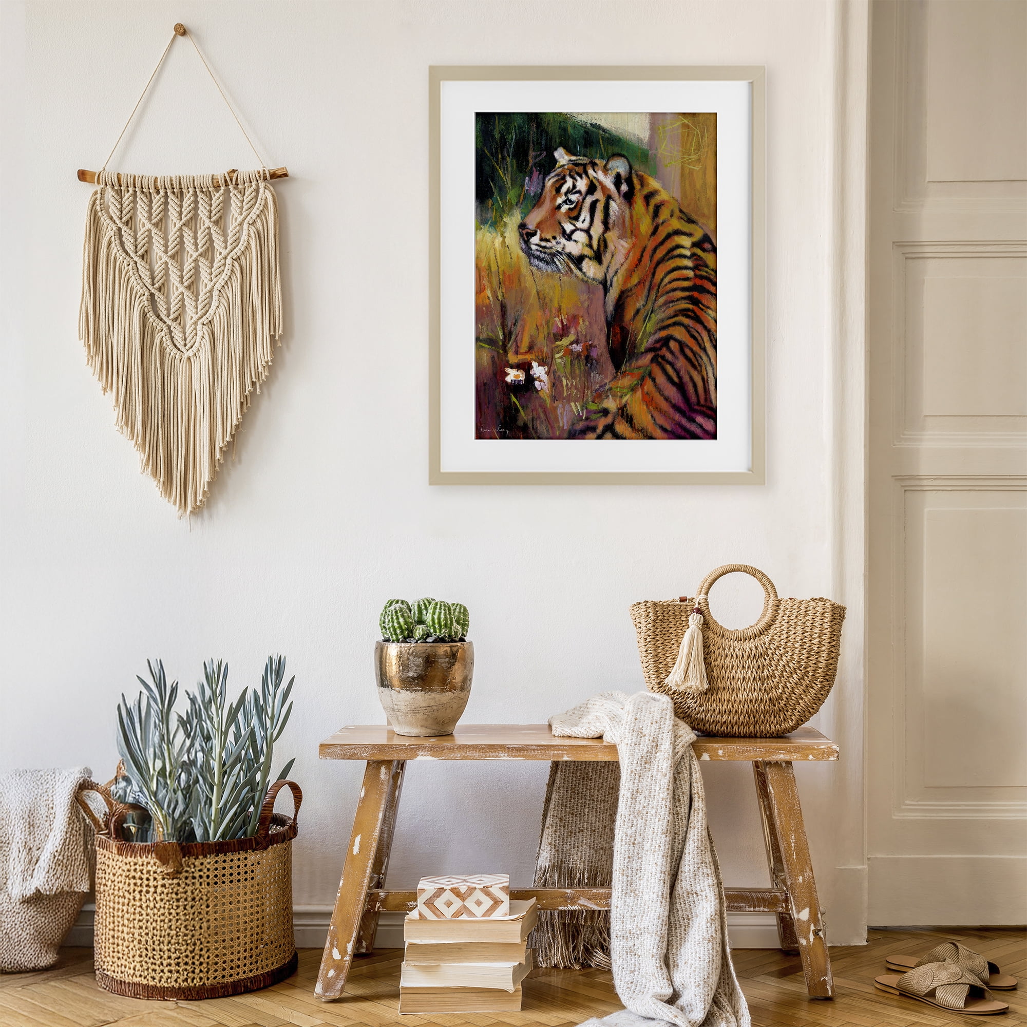 Stupell Industries Patience Tiger in Wait Birch Framed Print Under Glass, design by Karen Chang