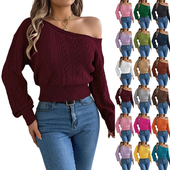 Zedker Off Shoulder Cable Knit Sweater for Women Casual Long Sleeve Cropped Pullover Top Wine Sweaters for Women