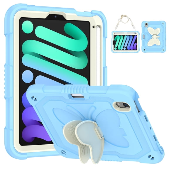 Case for iPad Mini 7 A17 Pro 2024/Mini 6 2021 8.3 inch 7th/6th Gen with Butterfly Stand, Shockproof Protective Tablet Cover with Pencil Holder Shoulder Strap for Kids Girls, Beige Blue