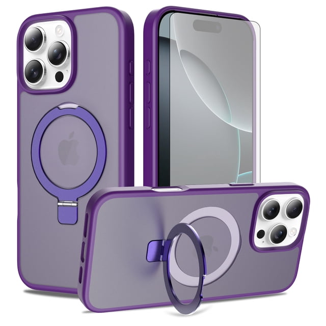 Asuwish Phone Case for iPhone 16 Pro Max 6.9 inch Tempered Glass Screen Protector Magnetic Folding Stand Frosted Translucent Rugged Shockproof Protective Cell Cover i Phone 16PM Women Men Deep Purple