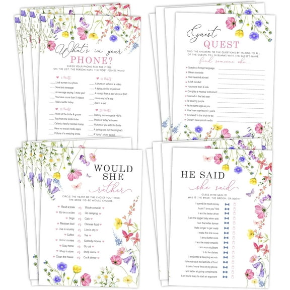 Bridal Shower Game Bundle – 4 Floral Games Included for 30 Guests: What’s in Your Phone, Would She Rather, He Said She Said, Guest Quest: Wedding & Bachelorette Activities